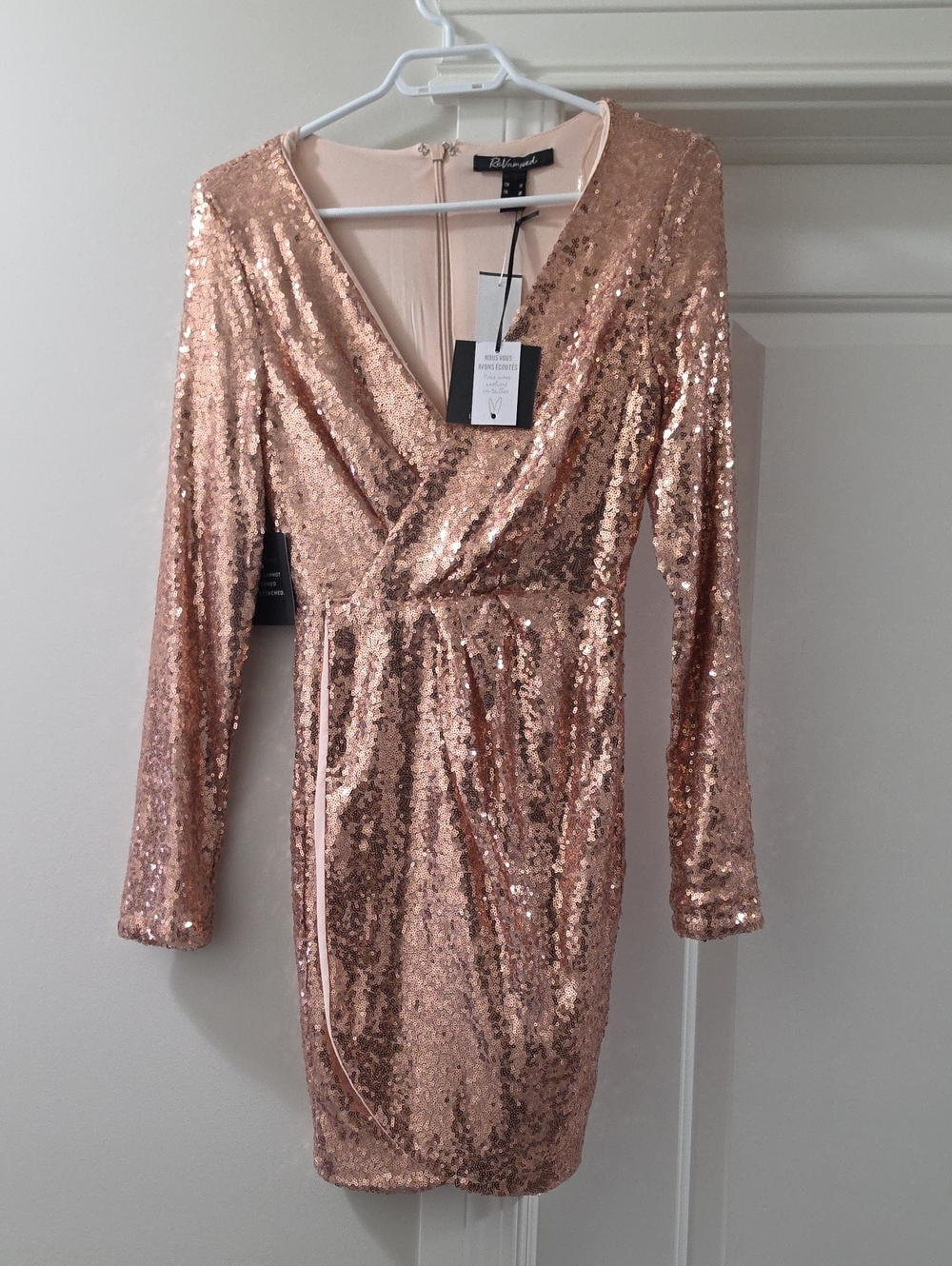 NWT Sequin Wrap V-Neck Long Sleeve Dress - Rose Gold